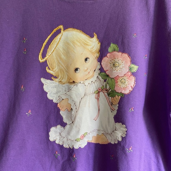Vintage Purple Floral Angel Graphic Cotton T-Shirt - Picture 2 of 4